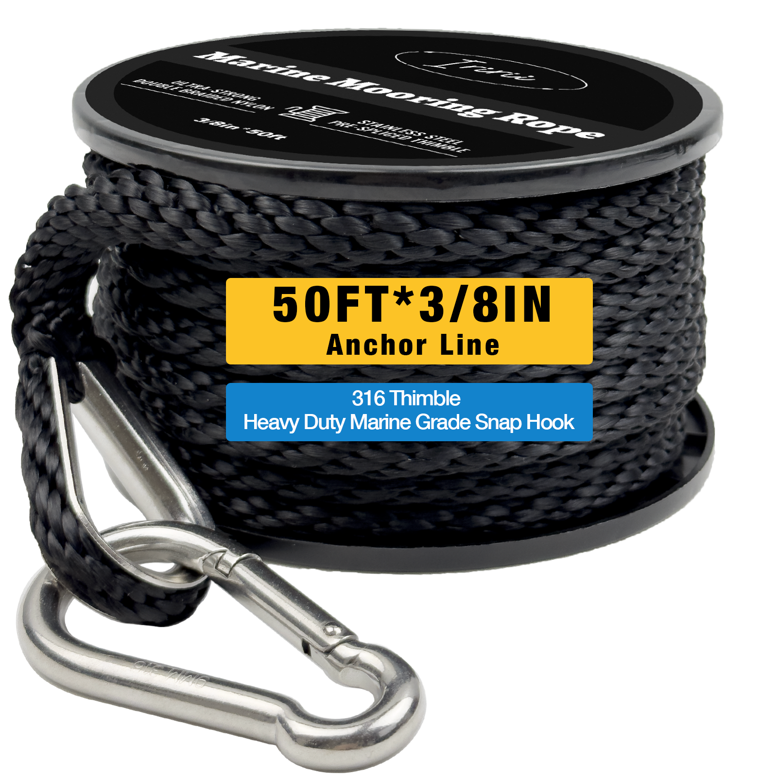 50FT Double Braided Nylon Boat Anchor Rope 3/8inch with 316