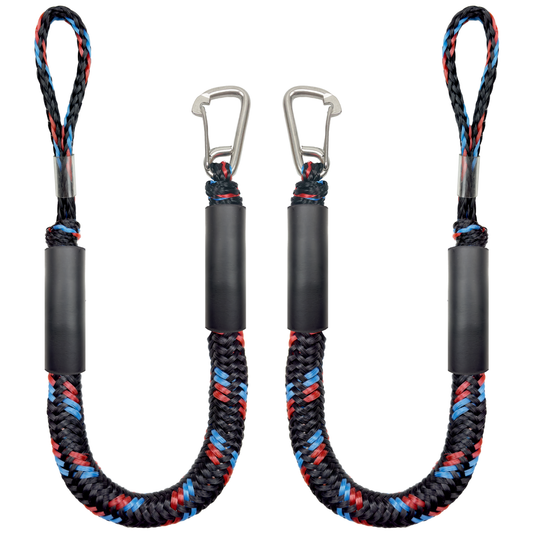 4FT Bungee Boat Dock Line Mooring Rope with Stainless Steel Clip Accessories Boat Docking Ropes for Boats PWC, Built in Snubber, Kayak, Watercraft,SeaDoo,Jet Ski, Pontoon, Canoe, Power Boat 2-Pack(Blue+red+black)