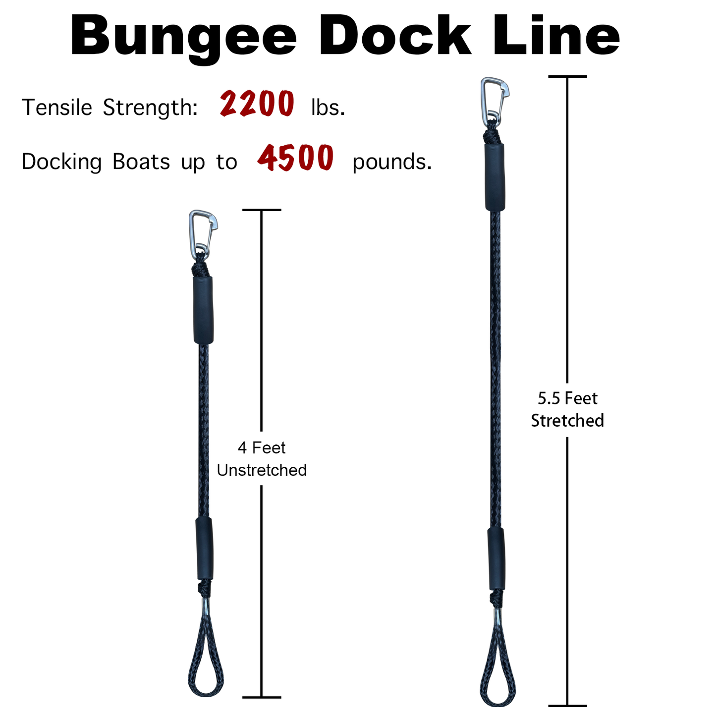 4FT Bungee Dock Line Mooring Rope for Docking with Stainless Steel Clip Accessories for Boats PWC, Built in Snubber, Kayak, Watercraft,SeaDoo,Jet Ski, Pontoon, Canoe, Power Boat 2-Pack(Black)