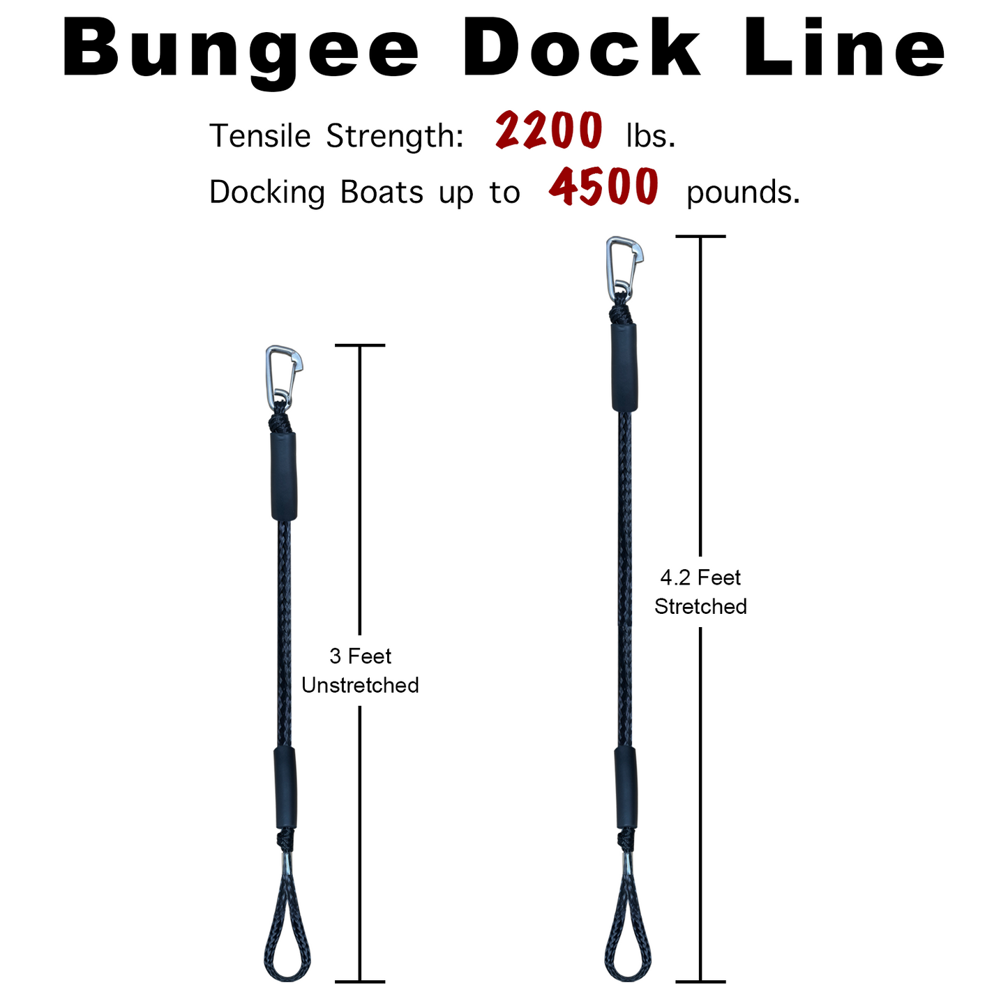 3FT Bungee Dock Line Boat Ropes for Docking Line Mooring Rope with Stainless Steel Clip Accessories for Boats 2pcs