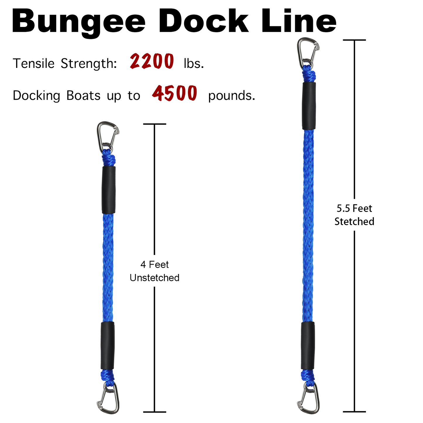 Bungee Dock Line Double Clips Heavy Duty 316 Stainless Steel Clips Boat Ropes Mooring Rope for for Boats PWC, Built in Snubber, Kayak,Watercraft,SeaDoo,Jet Ski, Pontoon, Canoe, Power Boat 2-Pack(Blue,4FT)