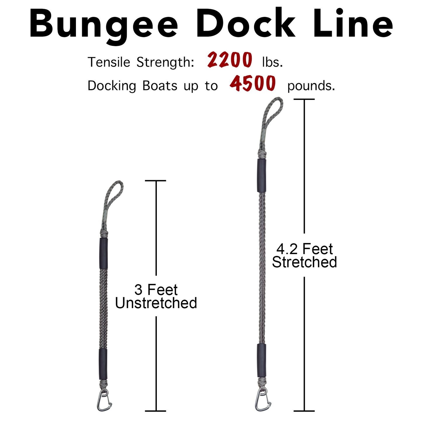 3FT Bungee Dock Line Boat Ropes for Docking Line Mooring Rope with Stainless Steel Clip Accessories for Boats 2pcs (Grey, 3Feet)