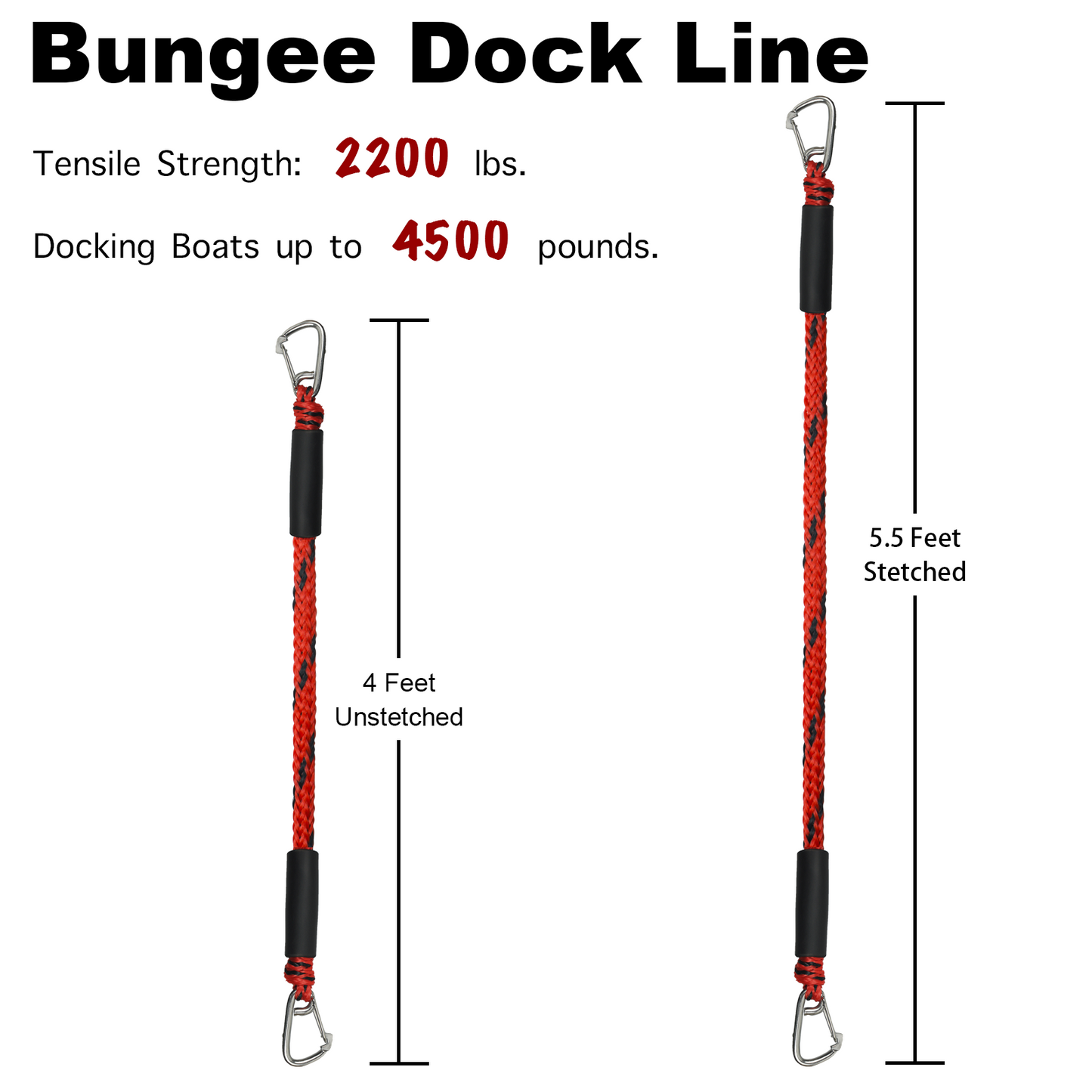 Bungee Dock Line Double Clips Heavy Duty 316 Stainless Steel Clips Boat Ropes Mooring Rope for for Boats PWC, Built in Snubber, Kayak,Watercraft,SeaDoo,Jet Ski, Pontoon, Canoe, Power Boat 2-Pack(Red&Black,4FT)