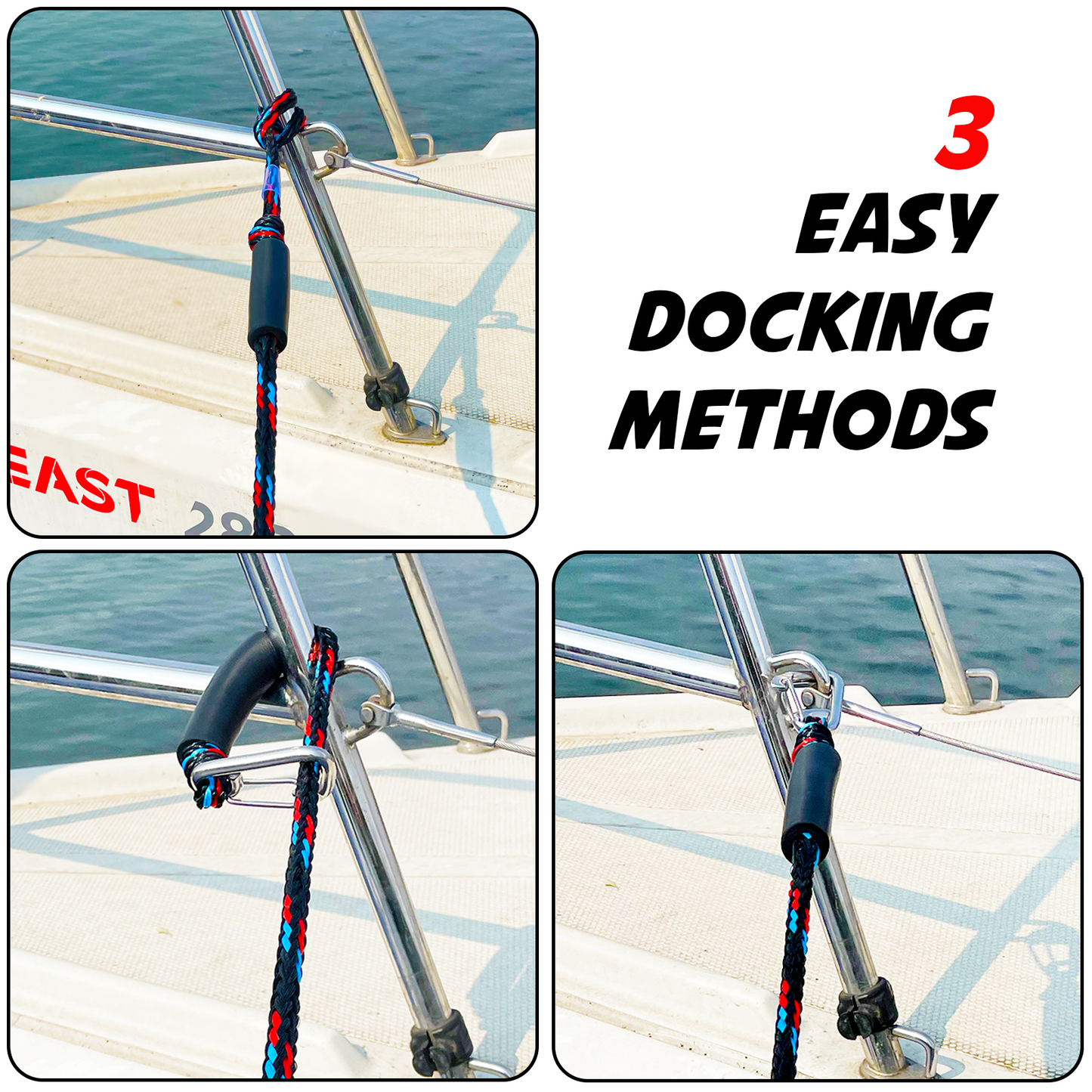 4FT Bungee Boat Dock Line Mooring Rope with Stainless Steel Clip Accessories Boat Docking Ropes for Boats PWC, Built in Snubber, Kayak, Watercraft,SeaDoo,Jet Ski, Pontoon, Canoe, Power Boat 2-Pack(Blue+red+black)