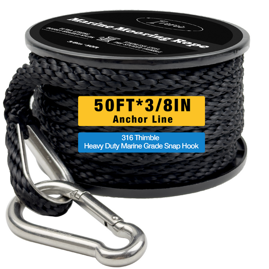 50FT Double Braided Nylon Boat Anchor Rope 3/8inch with 316 Stainless Steel Thimble and Heavy Duty Snap Hook Marine Grade Anchor line Black (Black, 50Feet)