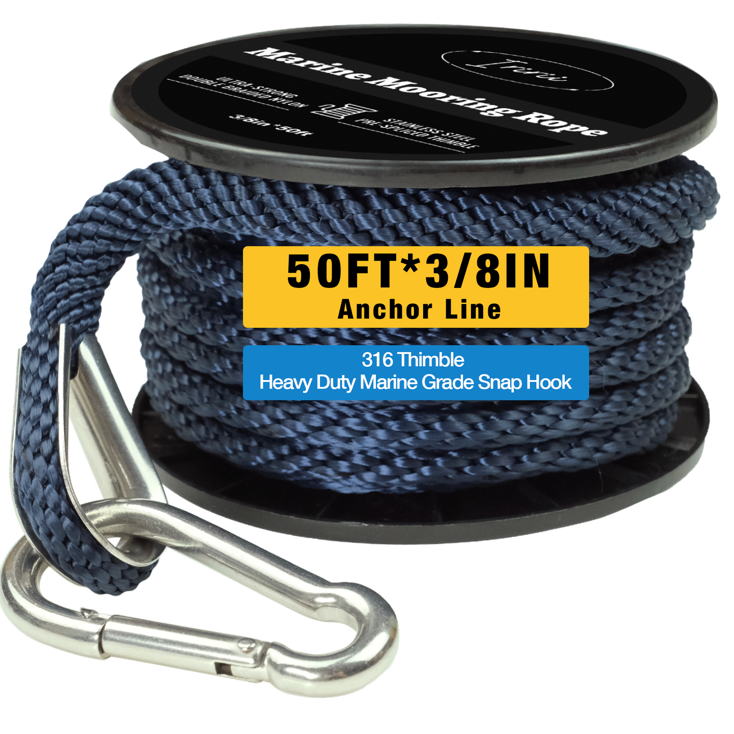 50FT Double Braided Nylon Boat Anchor Rope 3/8inch with 316 Stainless Steel Thimble and Heavy Duty Snap Hook Marine Grade Anchor line Black (Navy Blue, 50Feet)