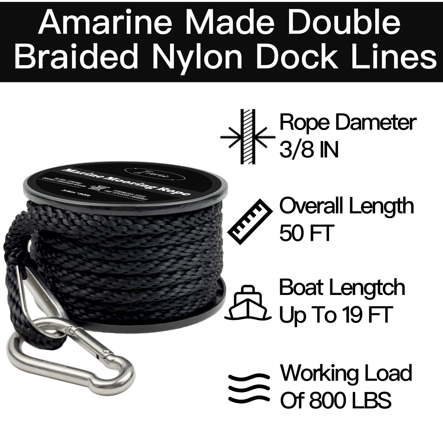 50FT Double Braided Nylon Boat Anchor Rope 3/8inch with 316 Stainless Steel Thimble and Heavy Duty Snap Hook Marine Grade Anchor line Black (Black, 50Feet)