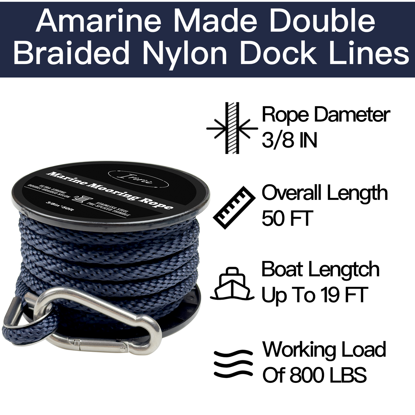 50FT Double Braided Nylon Boat Anchor Rope 3/8inch with 316 Stainless Steel Thimble and Heavy Duty Snap Hook Marine Grade Anchor line Black (Navy Blue, 50Feet)