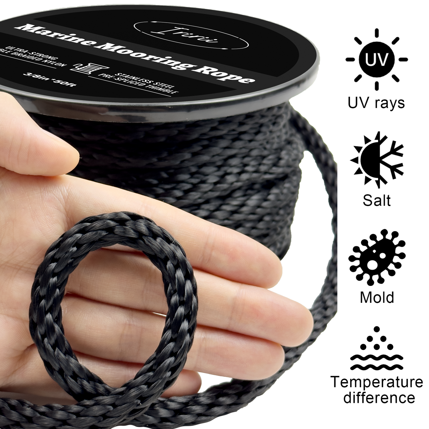 50FT Double Braided Nylon Boat Anchor Rope 3/8inch with 316 Stainless Steel Thimble and Heavy Duty Snap Hook Marine Grade Anchor line Black (Black, 50Feet)