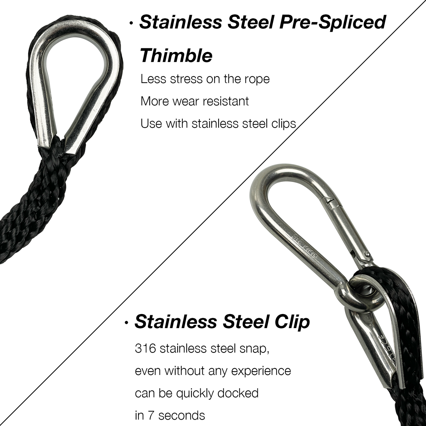 50FT Double Braided Nylon Boat Anchor Rope 3/8inch with 316 Stainless Steel Thimble and Heavy Duty Snap Hook Marine Grade Anchor line Black (Black, 50Feet)