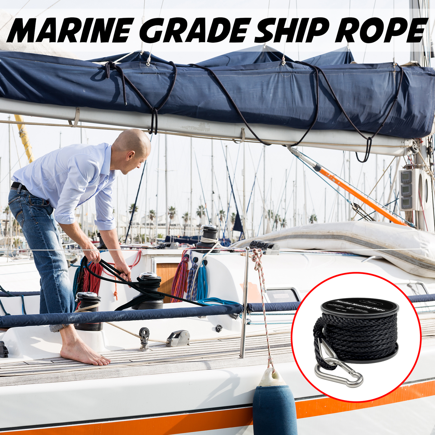 50FT Double Braided Nylon Boat Anchor Rope 3/8inch with 316 Stainless Steel Thimble and Heavy Duty Snap Hook Marine Grade Anchor line Black (Black, 50Feet)