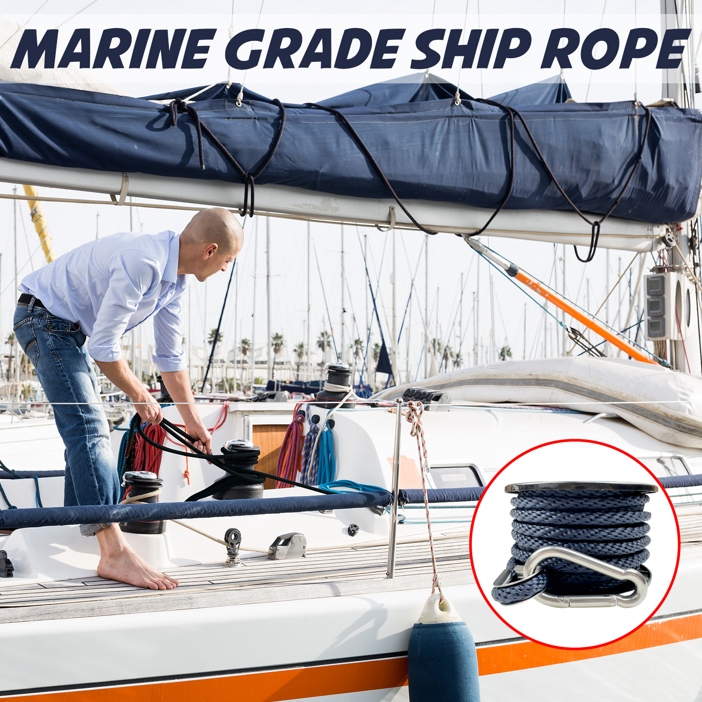 50FT Double Braided Nylon Boat Anchor Rope 3/8inch with 316 Stainless Steel Thimble and Heavy Duty Snap Hook Marine Grade Anchor line Black (Navy Blue, 50Feet)