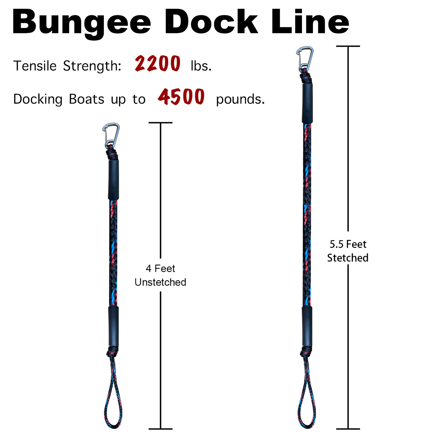 4FT Bungee Boat Dock Line Mooring Rope with Stainless Steel Clip Accessories Boat Docking Ropes for Boats PWC, Built in Snubber, Kayak, Watercraft,SeaDoo,Jet Ski, Pontoon, Canoe, Power Boat 2-Pack(Blue+red+black)