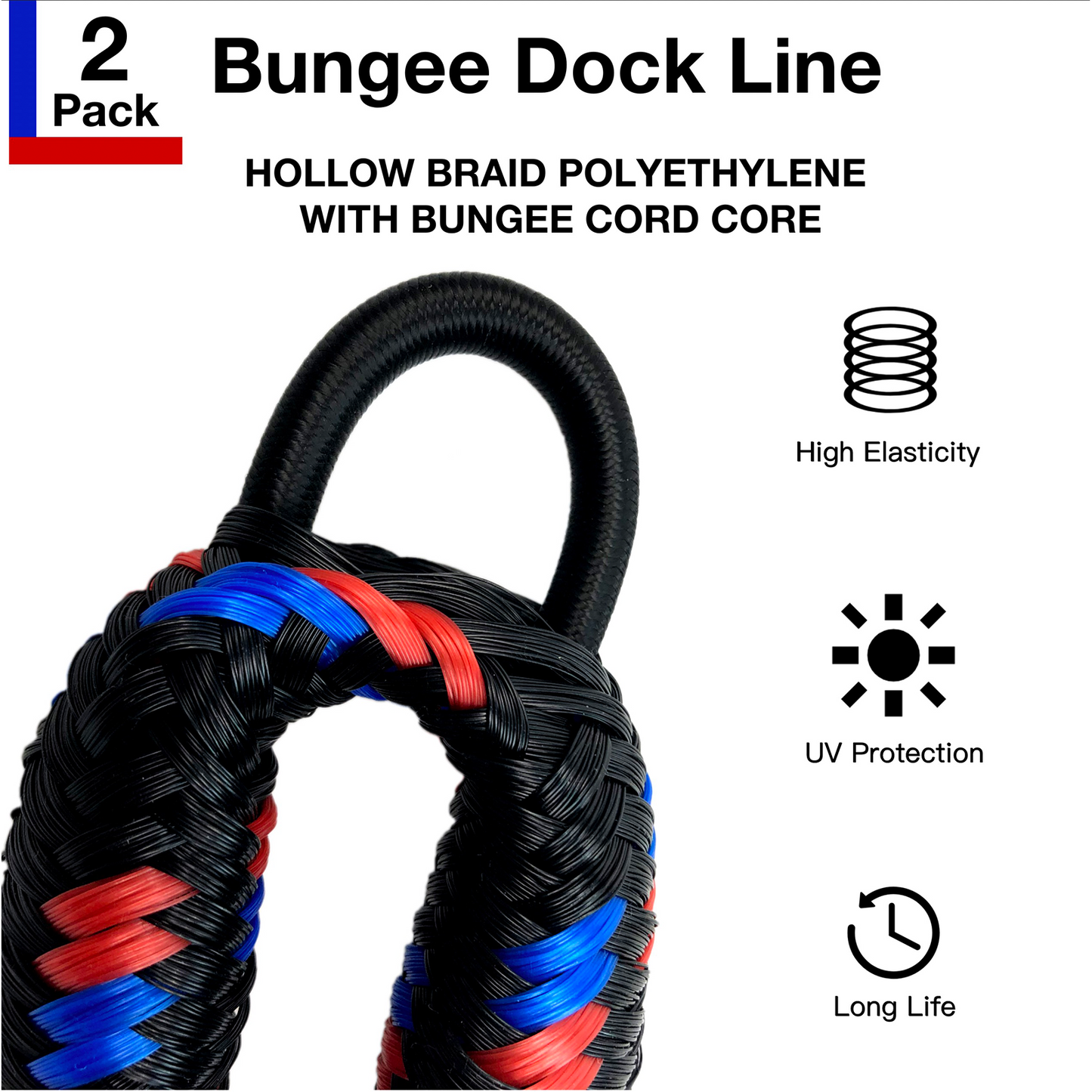 4FT Bungee Boat Dock Line Mooring Rope with Stainless Steel Clip Accessories Boat Docking Ropes for Boats PWC, Built in Snubber, Kayak, Watercraft,SeaDoo,Jet Ski, Pontoon, Canoe, Power Boat 2-Pack(Blue+red+black)